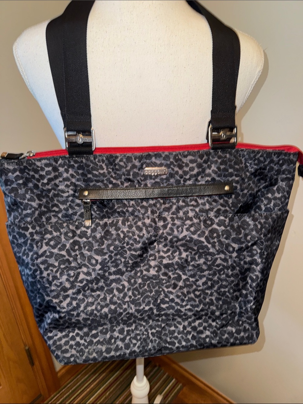 Baggalini Black and Gray Leopard Print Tote with Pink Trim